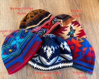 Fleece Aztec Pattern beanies/Reversible men's lady's ski hat/unisex slouch hat/bright South Western pattern/handmade gift/custom sizes