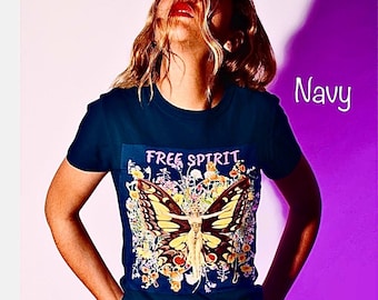 Free Spirit Butterfly shirt | Floral Vintage fairy  Illustration t shirt/flowers  semi fitted cotton womens tee/spring garden tee
