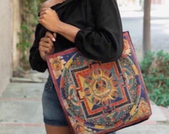 Tibetan Mandala Tanka Tote Bag/ Buddhist traditional Artwork/sturdy art image shoulder bag/thangka Art/festival spiritual accessories/travel