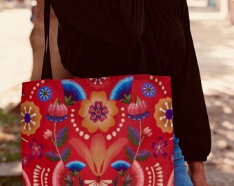 Mexican folk Art printed Tote/Red Blue  Carry all/3 sizes canvas beach bag/tough shopping tote /sturdy washable Spanish floral shoulder bag