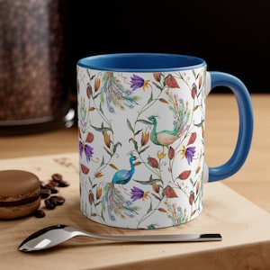 Delicate painted Bird and  flowers Coffee Mug, 11oz/ floral peacock illustration mug/artistic flowers and birds mug gift for her /tea cup
