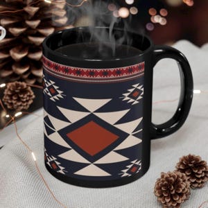 Black Tribal Art Aztec design ceramic Mug (11oz)/pendleton style pattern coffee cup/Southwestern geometric print mug/holiday gift for him