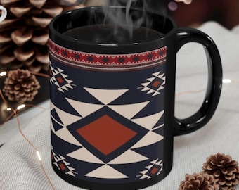 Black Tribal Art Aztec design ceramic Mug (11oz)/pendleton style pattern coffee cup/Southwestern geometric print mug/holiday gift for him