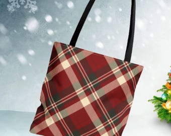 Red Plaid Tartan Tote bag/string shoulder tote/Cleanable 3 sizes Tote/travel tote bag/ shopping tote/gift for her carry all