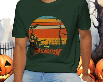 Happy Halloween graphic retro shirt/gift for him/gift for her/retro colors haunted house tee/cotton crew neck tee/spooky graveyard shirt