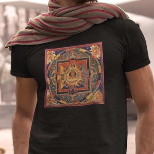 Mens Tibetan Thangka Mandala shirt/vintage Oriental Art short sleeve yoga tee/Tanka meditation crew tee shirt/festival spiritual clothing