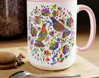 Colorful illustrated Peace birds and flowers tea Coffee Mug extra large 15oz/ Peace Mexican Folk Art gift mug/floral cup gift for her