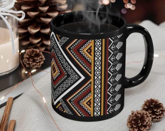 Black ceramic Aztec design coffee Mug (11oz)/tribal art mug/geometric pattern Pendleton style mug/holiday Xmas birthday gift for him