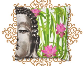 Buddha Face with Pink Lotus flowers Pillowcase, Square Pillowcase 14 x14, Spa massage room gift decor,zen,spiritual decor, yoga meditation