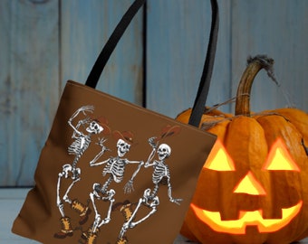 Halloween Cowgirl skeletons Tote Bag/hats boots western shoulder bag/dancing cowboy skulls travel bag/Fun seasonal travel tote/gift for her