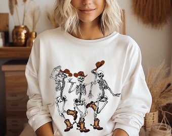 Cowboy cowgirl hats and boots skeletons shirt/hats and boots womens oversize sweatshirt/funny western sweater/fun  gift for her pullover
