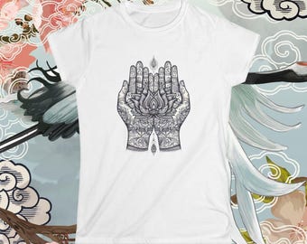 Prayer Hands Mandala Tee | Women's Meditation Yoga Shirt/semi fitted short sleeve/spiritual clothing/