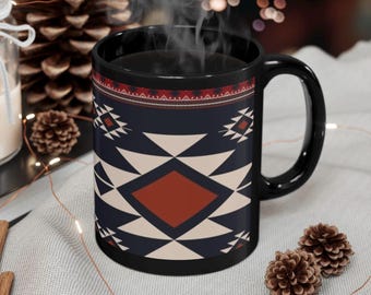 Southwestern Geometric Pattern Mug | Black Ceramic Coffee Cup/Aztec red black/pendleton like design 11 oz