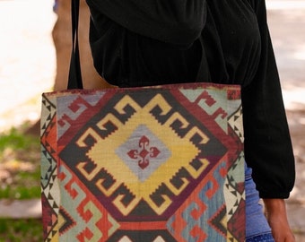 Kelim print rustic tote bag/bohemian  print tote/Rug design tote/Boho Tote/woven straps shoulder bag/ shopping travel tote/gift for her