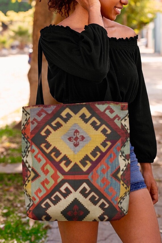 Kelim print rustic tote bag/bohemian  print tote/Rug design tote/Boho Tote/woven straps shoulder bag/ shopping travel tote/gift for her
