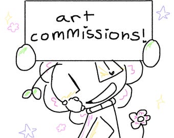 Op de afbeelding: Een zwart-witte lijntekening van een personage dat een rechthoekig bord vasthoudt met de tekst art commissions! Het personage heeft eenvoudige vormen, een ruitvormig detail op de borst en is omringd door kleine, handgetekende, kleurrijke sterren en bloemen.