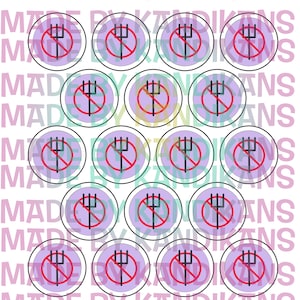 Könnte beinhalten: Eine Ansammlung runder Aufkleber mit lila Hintergrund und einem schwarzen Heugabel-Symbol, das mit einer roten Linie durchgestrichen ist. Der Text "MADE BY KANDIKANS" wiederholt sich in Rosa auf dem Hintergrund.