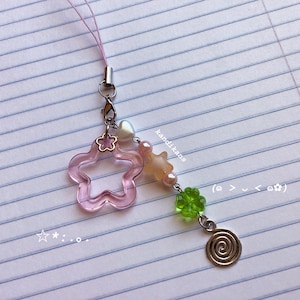 May include: A pink star-shaped charm with a silver clasp, adorned with beads, a green clover, and a silver spiral. The charm is attached to a pink string. The text "kandikans" is visible.