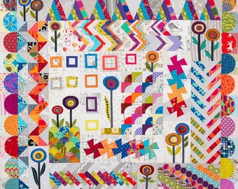 May include: A colorful patchwork quilt with a variety of geometric shapes and floral designs. The quilt features squares, triangles, and circles in a mix of bright colors, including blue, orange, and purple. The quilt has a white background.