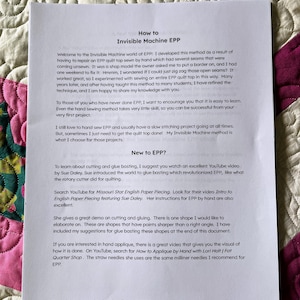 May include: A printed document titled "How to Invisible Machine EPP" on a white background. The document provides instructions and tips for English Paper Piecing (EPP) using a sewing machine. The text includes information on cutting, glue basting, and hand applique techniques.