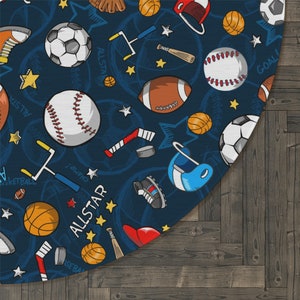 Sports Kids&#39; Round Bedroom or Playroom Rug, Athletic 5-Foot Circle Rug, Soccer Football Basketball Baseball Hockey Boys&#39; or Girls&#39; Room Rug
