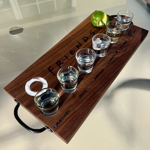 Handmade Walnut Wood Friends Shot Glass Flight Holder Tray Carrier w/ Salt Rim & Lime Friend&#39;s Monica Rachel Ross Joey Chandler Phoebe