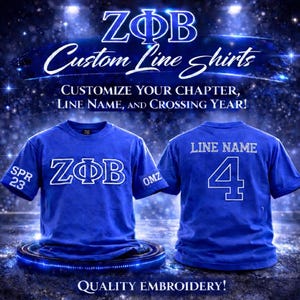 Op maat geborduurd Zeta Phi Beta, T-shirt met ronde hals – koningsblauwe Griekse kleding, gepersonaliseerde lijnnaam, hoofdstuk en jaar