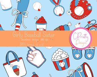 Coquette baseball sister seamless pattern baseball repeating file for fabric printing coquette baseball seamless digital jpeg for commercial