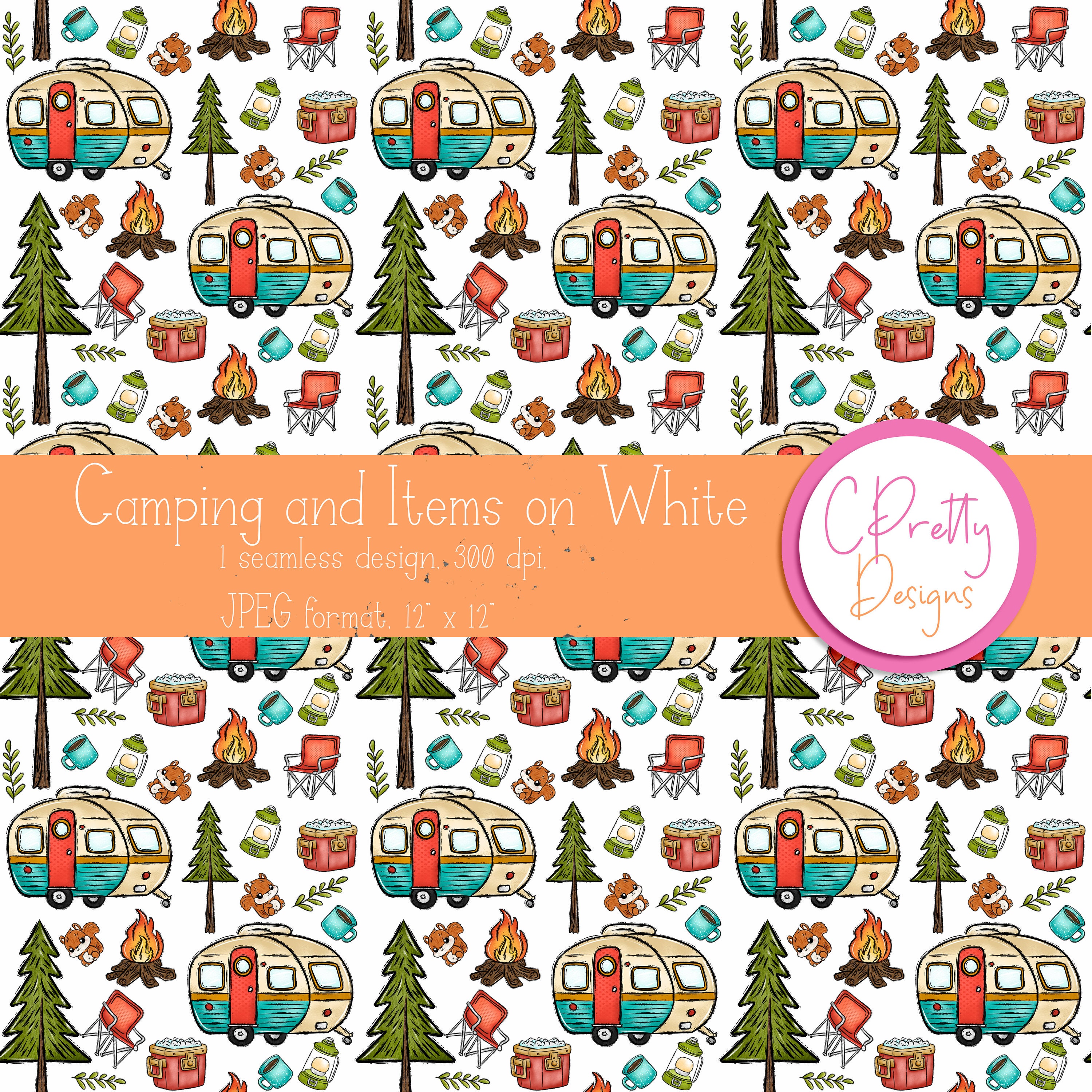 Printable Camper Pattern Camping Seamless Pattern for Fabric Use Repeating Pattern for ...