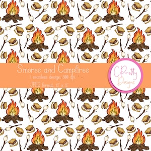 May include: Seamless pattern featuring illustrations of campfires, s'mores, and marshmallows on sticks. The design includes text that reads "S'mores and Campfires" and "1 seamless design. 300 dpi. JPEG format. 12 x 12". The pattern is set against a white background.