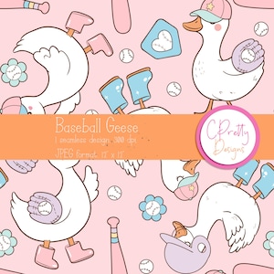 Puede incluir: Un patrón sin costuras con gansos de dibujos animados que llevan gorras de béisbol y sostienen pelotas de béisbol. El fondo es rosa con pelotas de béisbol blancas, bates y flores. El texto "Baseball Geese" y "Pretty Designs" está incluido en el patrón.