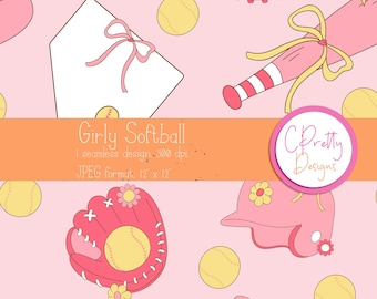 Coquette softball seamless pattern softball repeating file for fabric printing coquette softball seamless digital pattern for commercial use