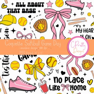 Puede incluir: Un patrón sin costuras sobre un fondo blanco con ilustraciones temáticas de softbol. Incluye bolas de softbol amarillas, lazos rosas, guantes de béisbol, tacos rosas y texto que dice "All About That Base" y "No Place Like Home".