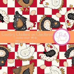May include: Seamless design featuring cartoon chickens in various colors, set against a red and white checkered background. The design includes eggs and the text "Country Chickens on Checkered" and "JPEG format. 12 x 12".