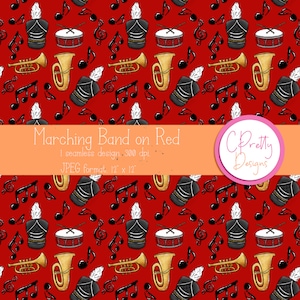 Marching Band on Red Seamless Pattern Digital Design, digital paper, repeating pattern, commercial, music, football, trumpet, tuba, drums