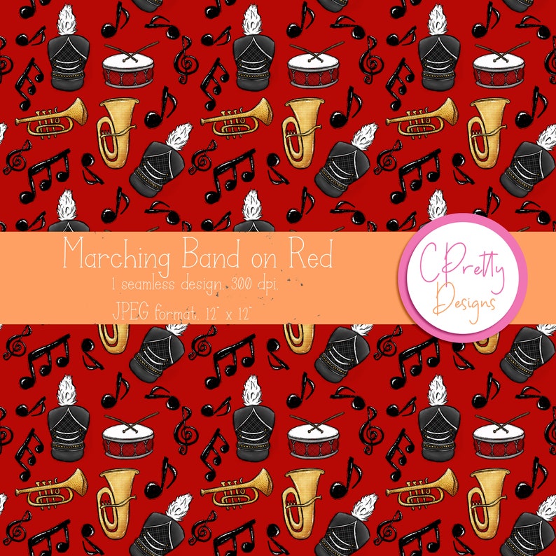 Marching Band on Red Seamless Pattern Digital Design, Digital Paper, Repeating Pattern
