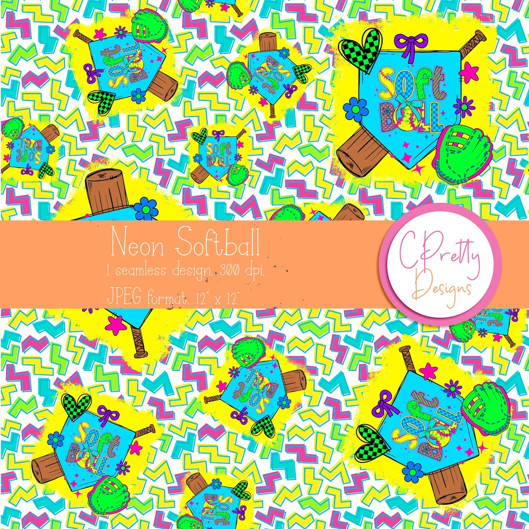 Neon Softball Seamless Pattern Softball Repeating File for Fabric ...