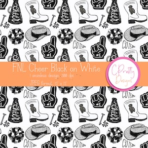 Friday Night Lights Cheer Black on White Seamless Pattern Digital Design, digital paper, repeating pattern, autumn, cheerleader, football