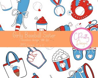 Coquette baseball sister seamless pattern baseball repeating file for fabric printing coquette baseball seamless digital jpeg for commercial