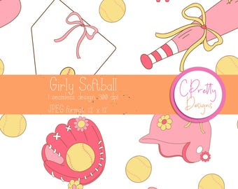 Coquette softball seamless pattern softball repeating file for fabric printing coquette softball seamless digital pattern for commercial use