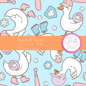 Puede incluir: Un patrón sin costuras con gansos blancos que llevan gorras de béisbol y sostienen pelotas de béisbol. El fondo es azul claro con bates de béisbol rosas y azules, pelotas de béisbol y flores.