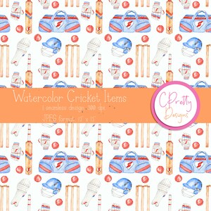Op de afbeelding: Waterverfpatroon met cricketuitrusting: bats, ballen, helmen, pads en tassen. Het ontwerp bevat de tekst "Watercolor Cricket Items" en "1 seamless design. 300 dpi. JPEG-formaat. 30,5 x 30,5 cm". Het ontwerp is in blauw, rood en beige.