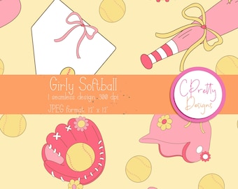 Coquette softball seamless pattern softball repeating file for fabric printing coquette softball seamless digital pattern for commercial use