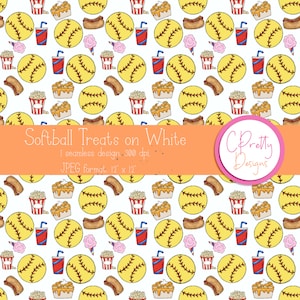 May include: A seamless pattern featuring a variety of softball-themed treats, including baseballs, hot dogs, popcorn, and soda. The background is white, and the pattern is repeated throughout the image. The text "Softball Treats on White" is included in the image.