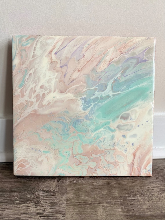Ivory Original Acrylic Pour Painting on wood 10x10 panel finished in  epoxy resin