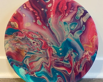 Mardi Gras Original abstract acrylic pour painting on circular wood coated in resin.