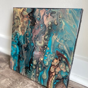 Firestone - Original abstract acrylic pour painting on 10x10 inch wood panel finished in epoxy resin