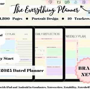 May include: A digital planner with a pastel colour scheme and the text "The Everything Planner" in black. The planner includes sections for daily plans, reflections, and weekly plans. It is designed for use with iPad and Android devices and includes 1,800+ pages and 10+ trackers. The planner is dated for 2023 and 2024.
