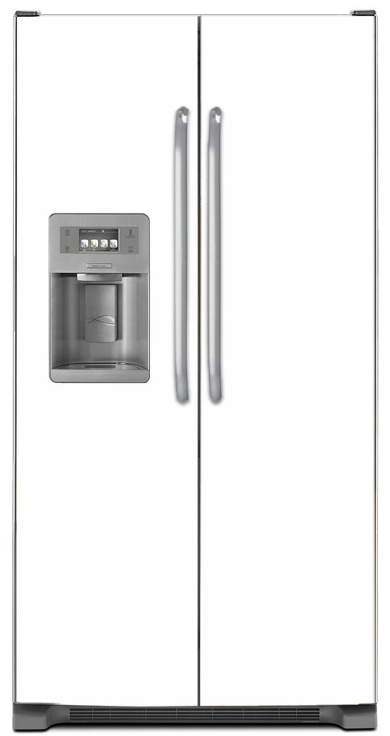 Pode incluir: Um refrigerador side-by-side branco com um dispensador de &aacute;gua e gelo embutido. O refrigerador tem duas portas e uma al&ccedil;a de a&ccedil;o inoxid&aacute;vel.
