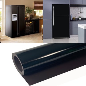 May include: A roll of black self-adhesive vinyl film for covering appliances. The film has a glossy finish and is designed to give a modern look to appliances.